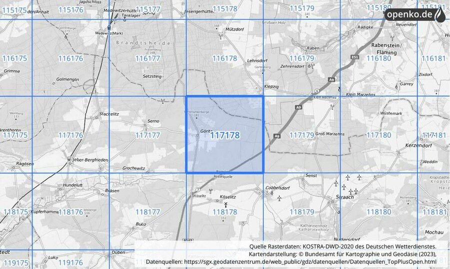 Übersichtskarte des KOSTRA-DWD-2020-Rasterfeldes Nr. 117178