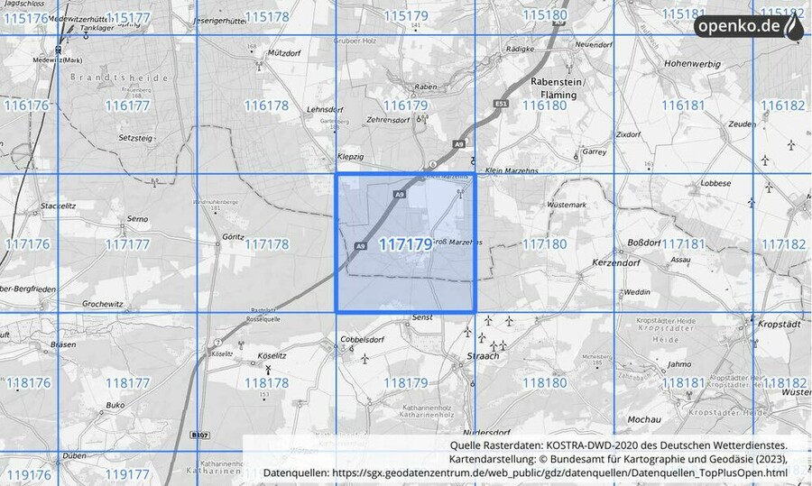 Übersichtskarte des KOSTRA-DWD-2020-Rasterfeldes Nr. 117179