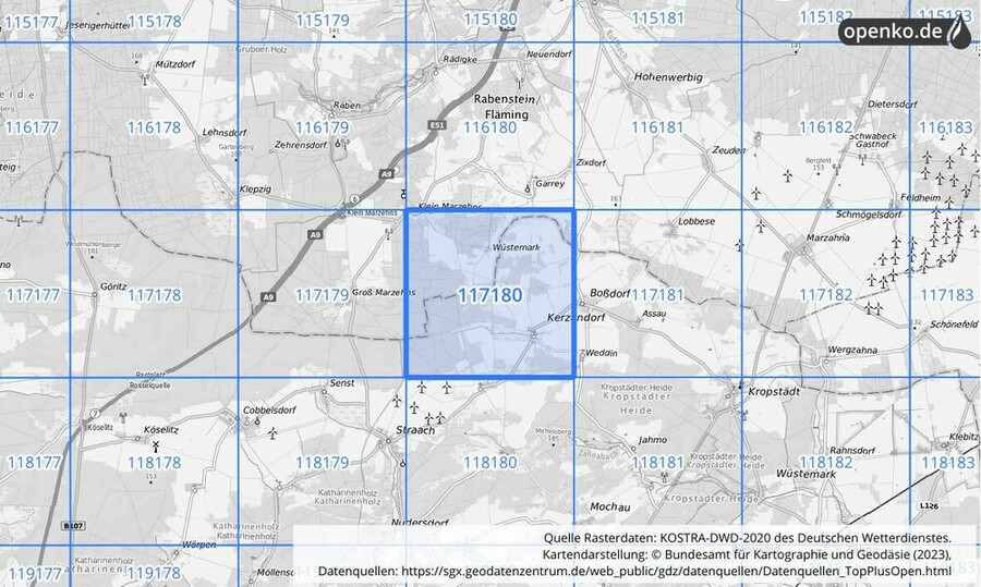 Übersichtskarte des KOSTRA-DWD-2020-Rasterfeldes Nr. 117180