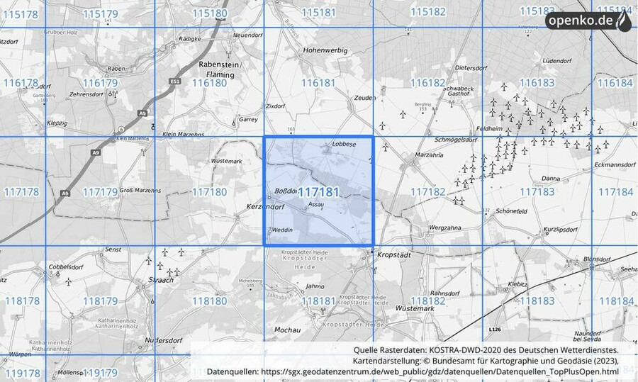 Übersichtskarte des KOSTRA-DWD-2020-Rasterfeldes Nr. 117181