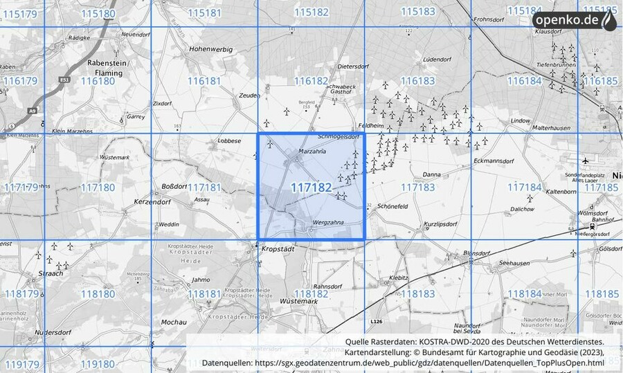 Übersichtskarte des KOSTRA-DWD-2020-Rasterfeldes Nr. 117182