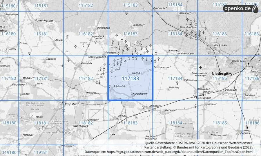 Übersichtskarte des KOSTRA-DWD-2020-Rasterfeldes Nr. 117183