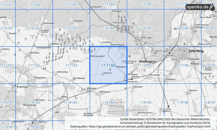 Übersichtskarte des KOSTRA-DWD-2020-Rasterfeldes Nr. 117184