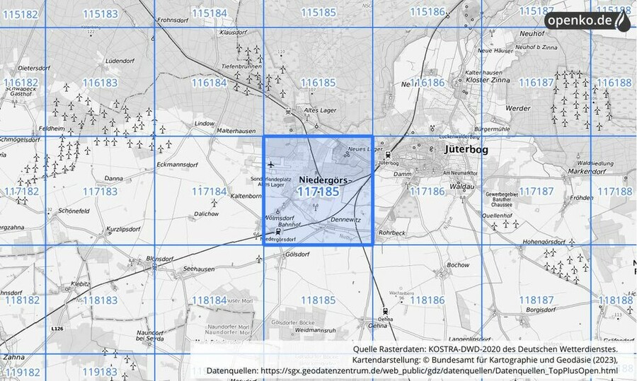 Übersichtskarte des KOSTRA-DWD-2020-Rasterfeldes Nr. 117185