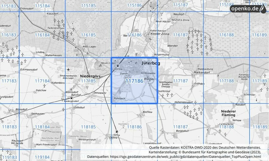 Übersichtskarte des KOSTRA-DWD-2020-Rasterfeldes Nr. 117186