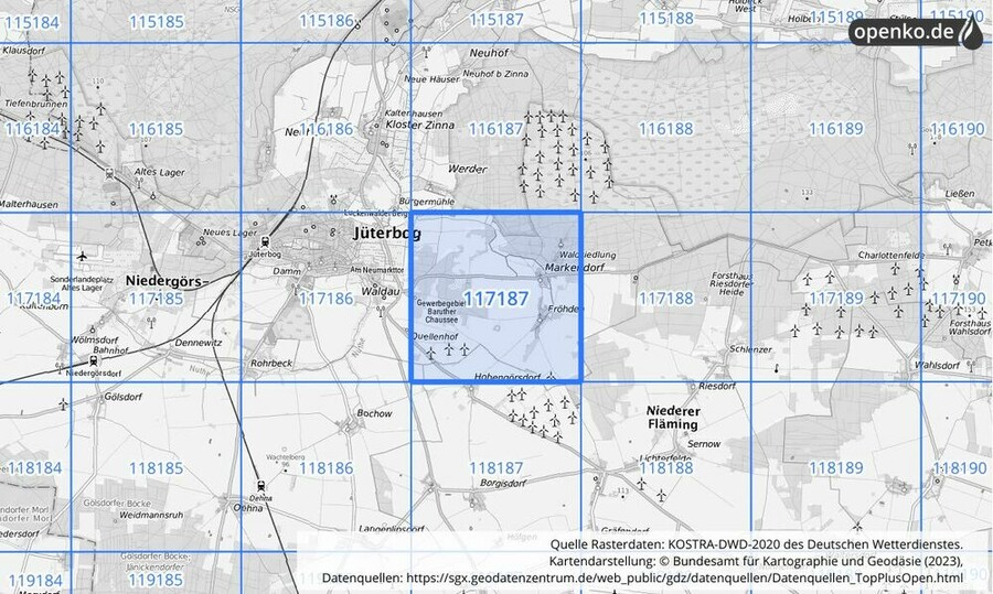 Übersichtskarte des KOSTRA-DWD-2020-Rasterfeldes Nr. 117187