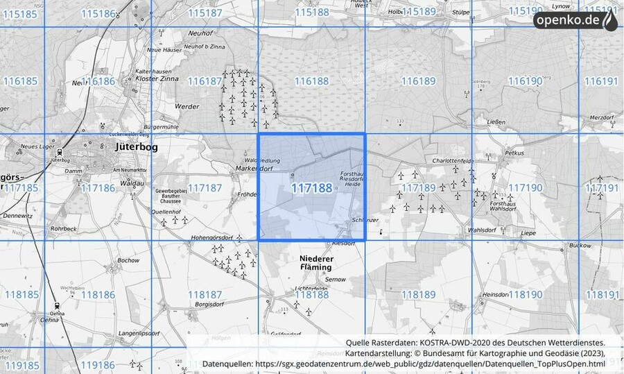 Übersichtskarte des KOSTRA-DWD-2020-Rasterfeldes Nr. 117188