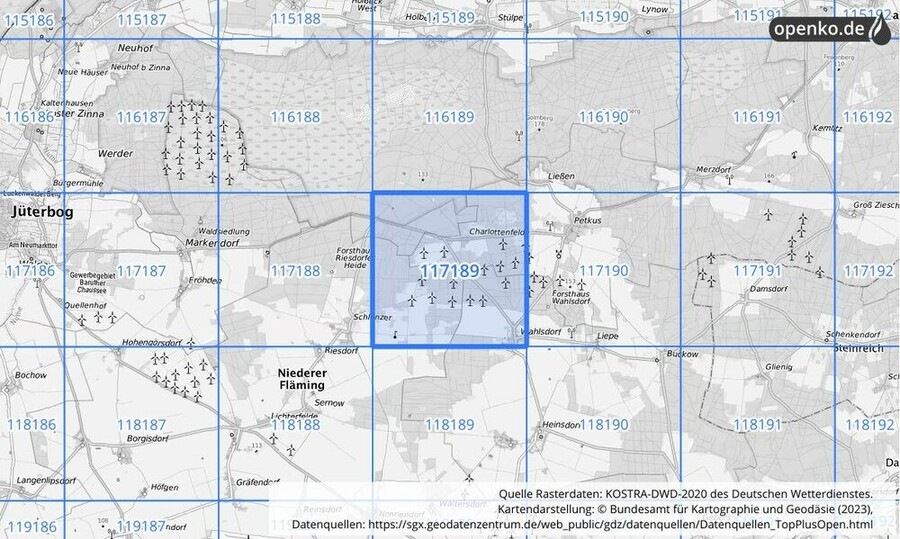 Übersichtskarte des KOSTRA-DWD-2020-Rasterfeldes Nr. 117189