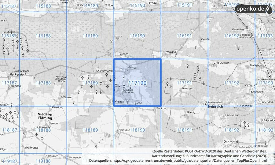 Übersichtskarte des KOSTRA-DWD-2020-Rasterfeldes Nr. 117190