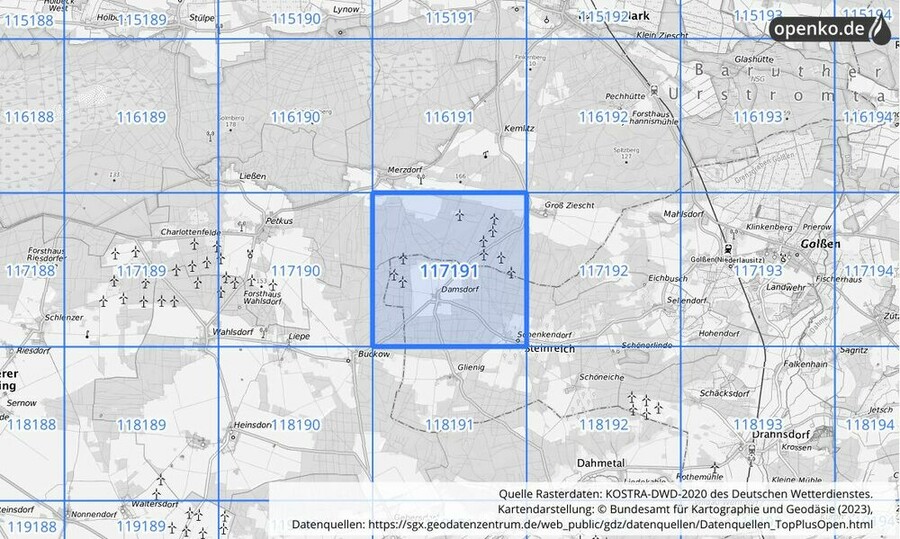 Übersichtskarte des KOSTRA-DWD-2020-Rasterfeldes Nr. 117191