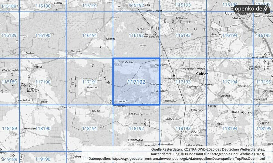 Übersichtskarte des KOSTRA-DWD-2020-Rasterfeldes Nr. 117192