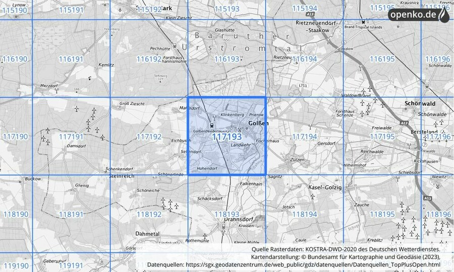 Übersichtskarte des KOSTRA-DWD-2020-Rasterfeldes Nr. 117193