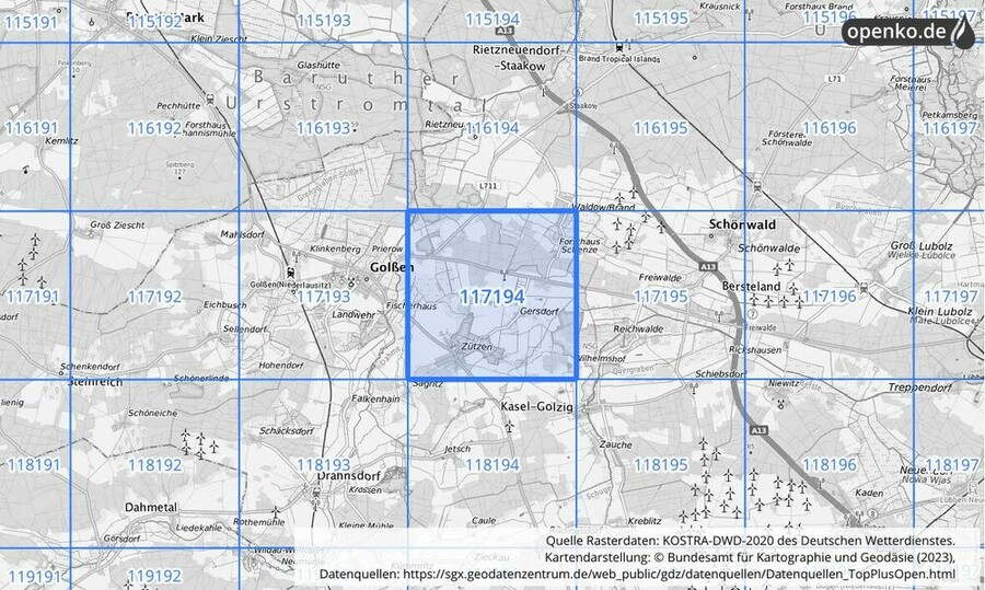 Übersichtskarte des KOSTRA-DWD-2020-Rasterfeldes Nr. 117194