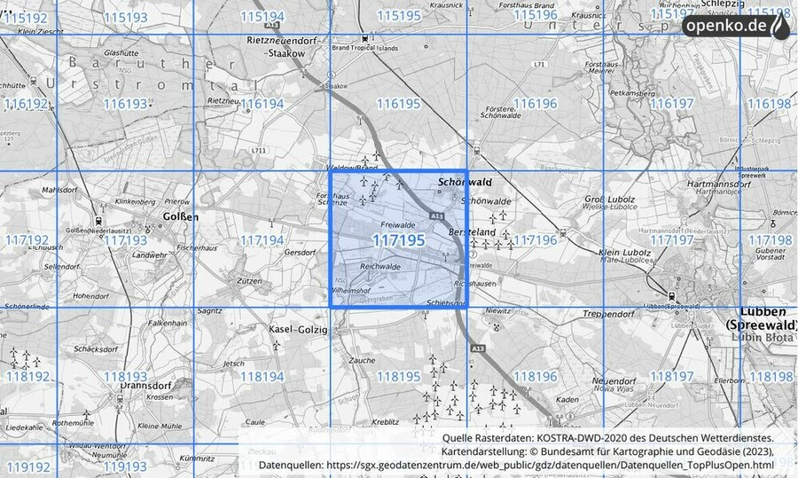 Übersichtskarte des KOSTRA-DWD-2020-Rasterfeldes Nr. 117195