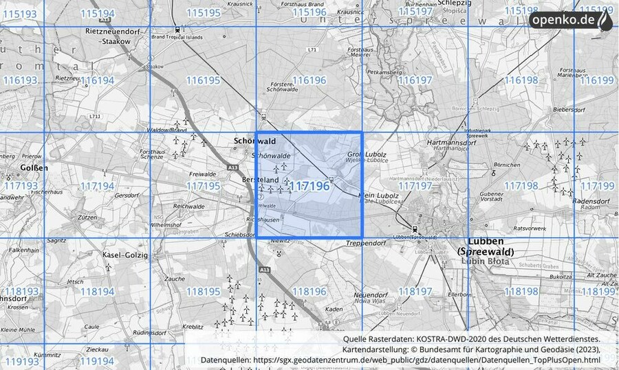 Übersichtskarte des KOSTRA-DWD-2020-Rasterfeldes Nr. 117196