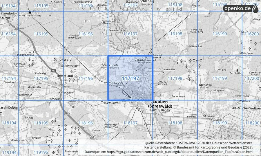 Übersichtskarte des KOSTRA-DWD-2020-Rasterfeldes Nr. 117197