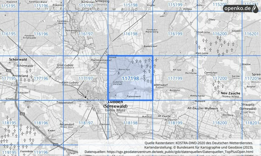 Übersichtskarte des KOSTRA-DWD-2020-Rasterfeldes Nr. 117198