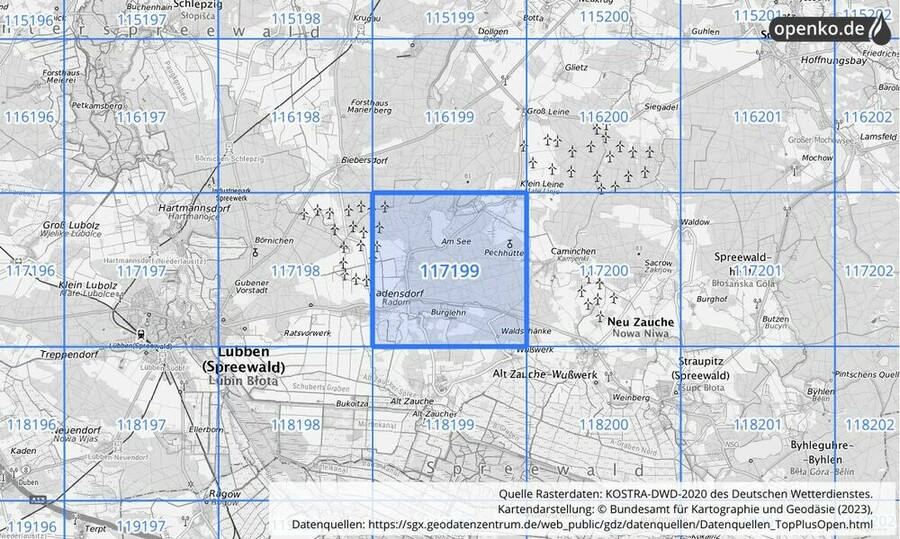 Übersichtskarte des KOSTRA-DWD-2020-Rasterfeldes Nr. 117199