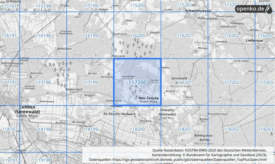 Übersichtskarte des KOSTRA-DWD-2020-Rasterfeldes Nr. 117200