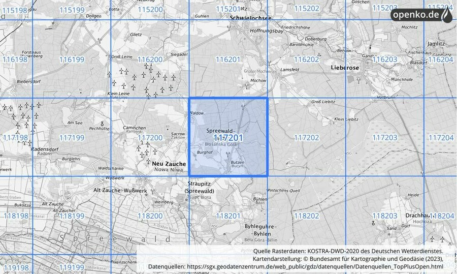 Übersichtskarte des KOSTRA-DWD-2020-Rasterfeldes Nr. 117201