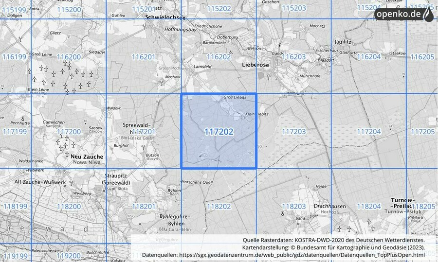 Übersichtskarte des KOSTRA-DWD-2020-Rasterfeldes Nr. 117202