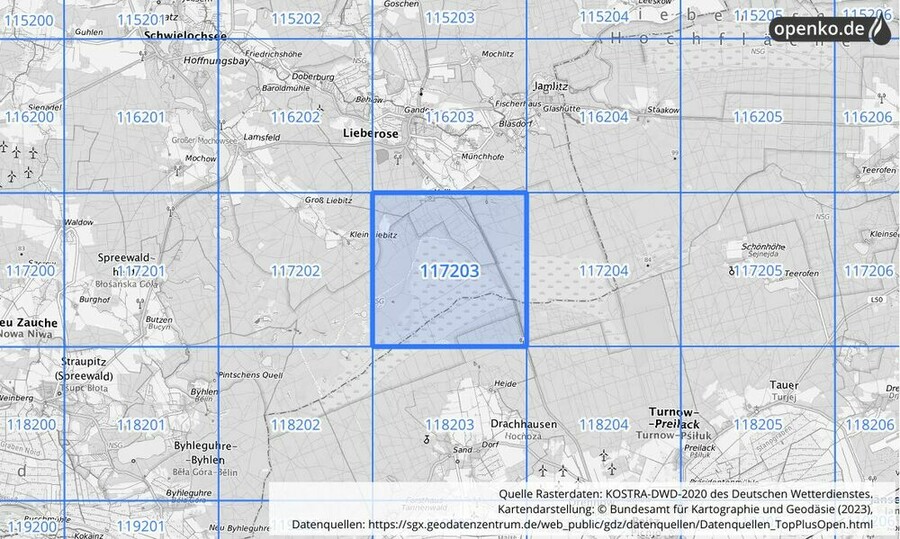 Übersichtskarte des KOSTRA-DWD-2020-Rasterfeldes Nr. 117203