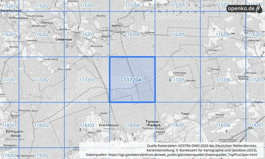 Übersichtskarte des KOSTRA-DWD-2020-Rasterfeldes Nr. 117204