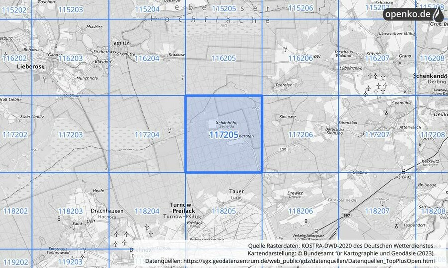 Übersichtskarte des KOSTRA-DWD-2020-Rasterfeldes Nr. 117205