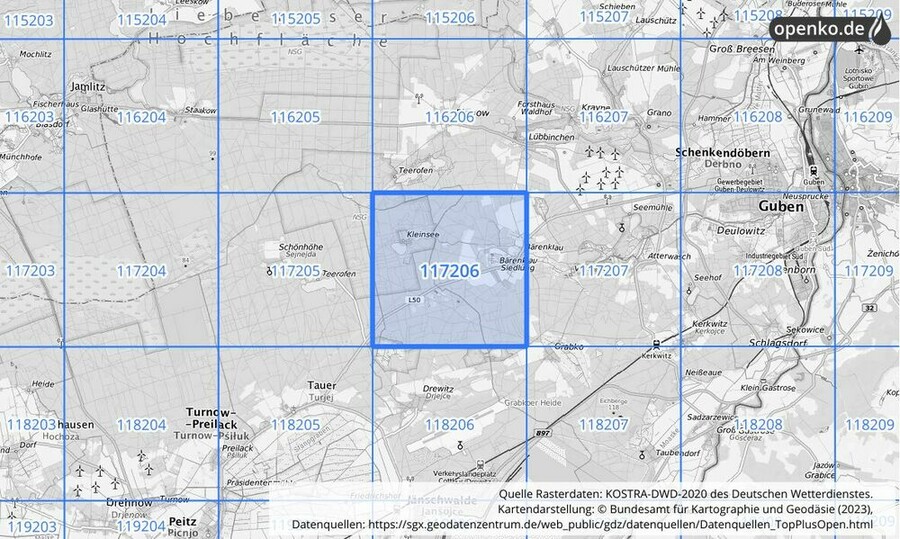 Übersichtskarte des KOSTRA-DWD-2020-Rasterfeldes Nr. 117206