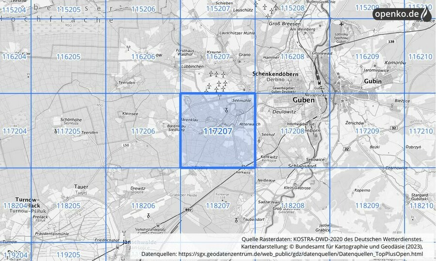 Übersichtskarte des KOSTRA-DWD-2020-Rasterfeldes Nr. 117207