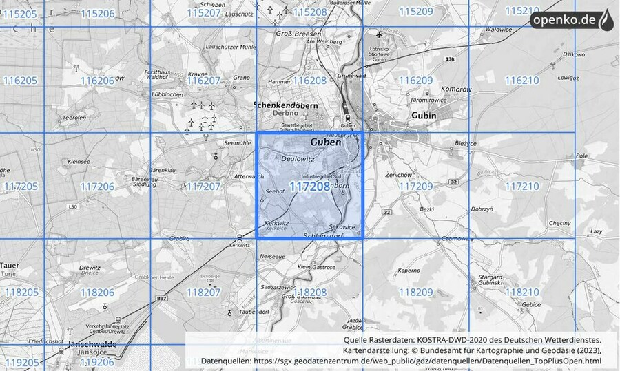 Übersichtskarte des KOSTRA-DWD-2020-Rasterfeldes Nr. 117208