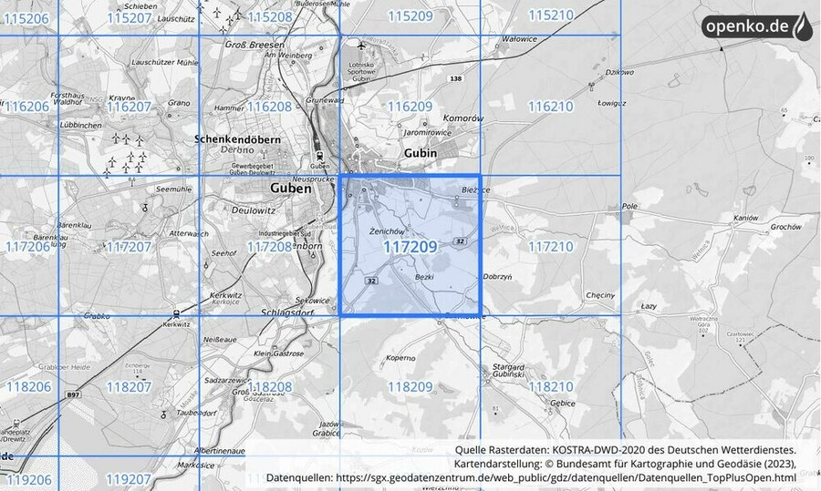 Übersichtskarte des KOSTRA-DWD-2020-Rasterfeldes Nr. 117209