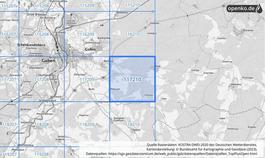 Übersichtskarte des KOSTRA-DWD-2020-Rasterfeldes Nr. 117210