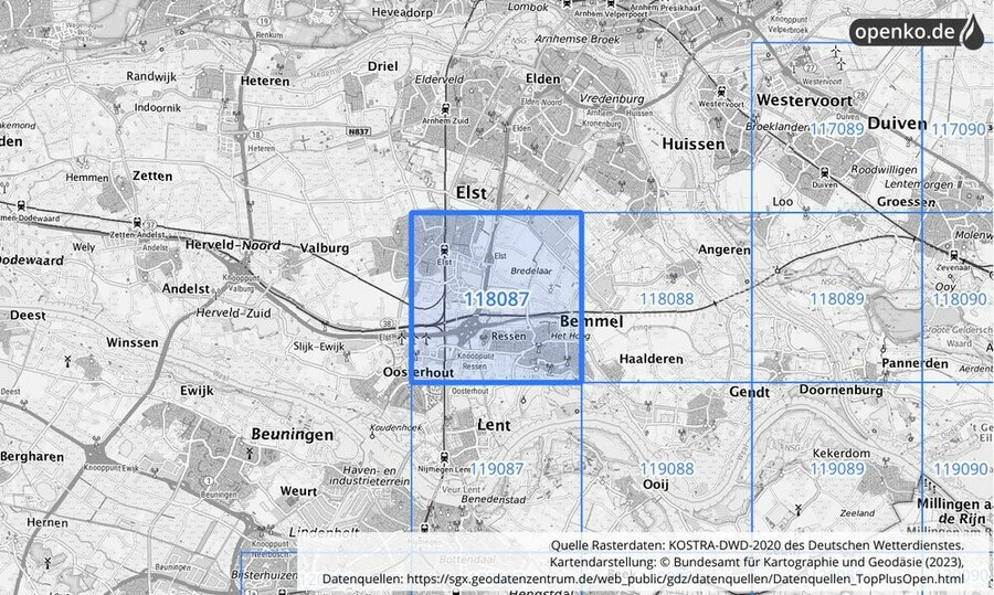 Übersichtskarte des KOSTRA-DWD-2020-Rasterfeldes Nr. 118087