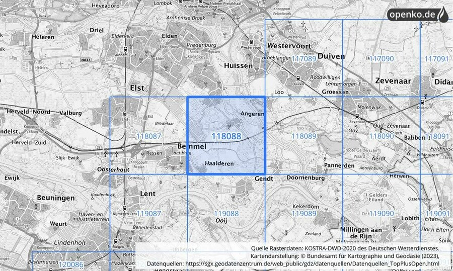 Übersichtskarte des KOSTRA-DWD-2020-Rasterfeldes Nr. 118088