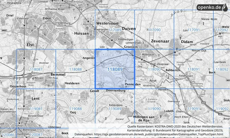 Übersichtskarte des KOSTRA-DWD-2020-Rasterfeldes Nr. 118089