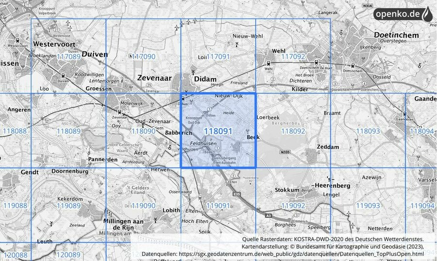 Übersichtskarte des KOSTRA-DWD-2020-Rasterfeldes Nr. 118091