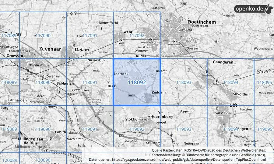 Übersichtskarte des KOSTRA-DWD-2020-Rasterfeldes Nr. 118092