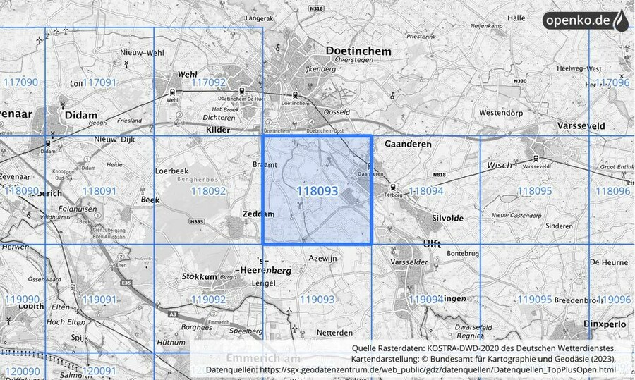 Übersichtskarte des KOSTRA-DWD-2020-Rasterfeldes Nr. 118093