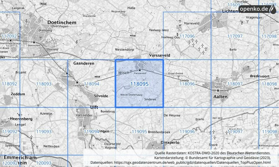 Übersichtskarte des KOSTRA-DWD-2020-Rasterfeldes Nr. 118095