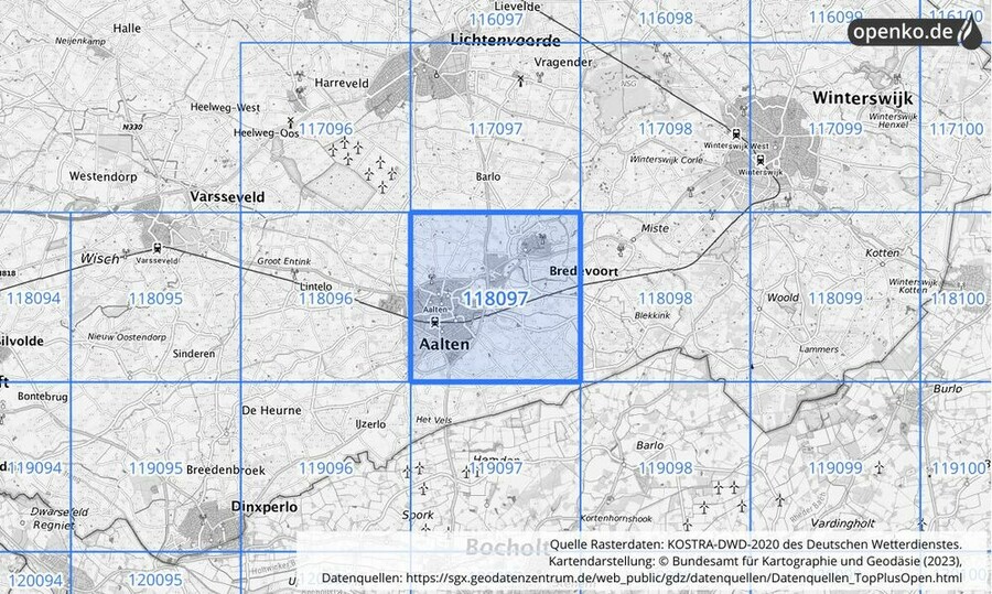 Übersichtskarte des KOSTRA-DWD-2020-Rasterfeldes Nr. 118097