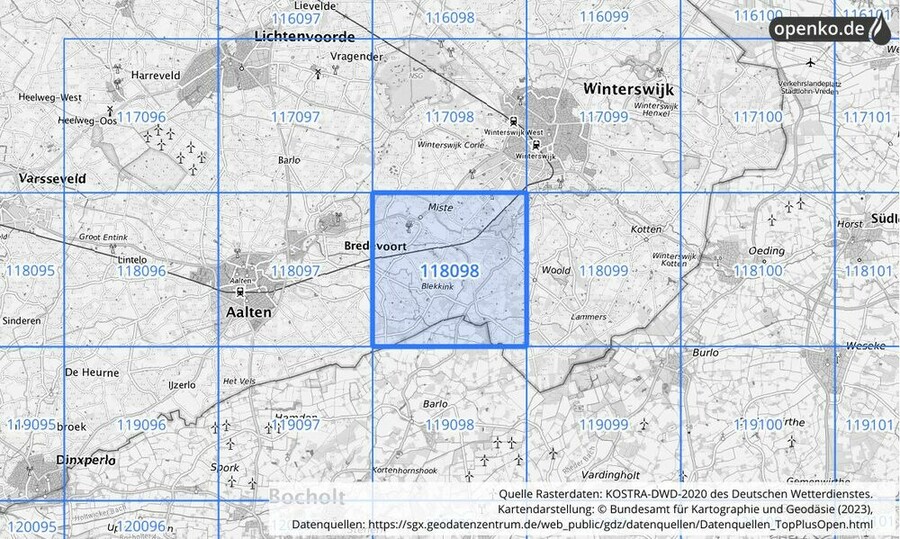 Übersichtskarte des KOSTRA-DWD-2020-Rasterfeldes Nr. 118098