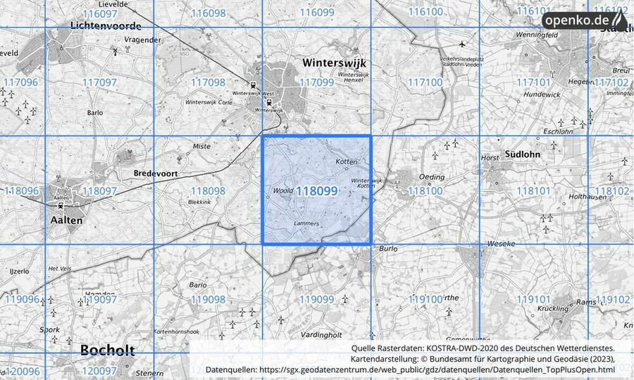 Übersichtskarte des KOSTRA-DWD-2020-Rasterfeldes Nr. 118099