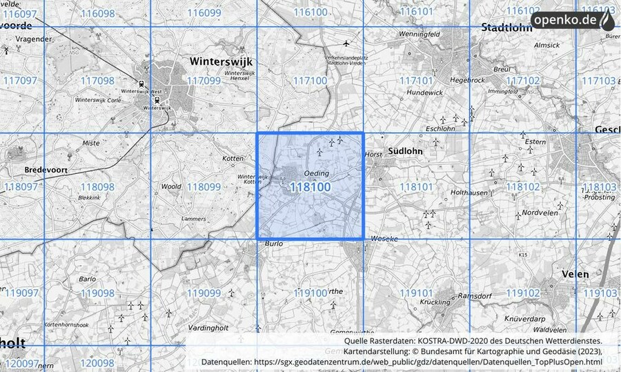Übersichtskarte des KOSTRA-DWD-2020-Rasterfeldes Nr. 118100