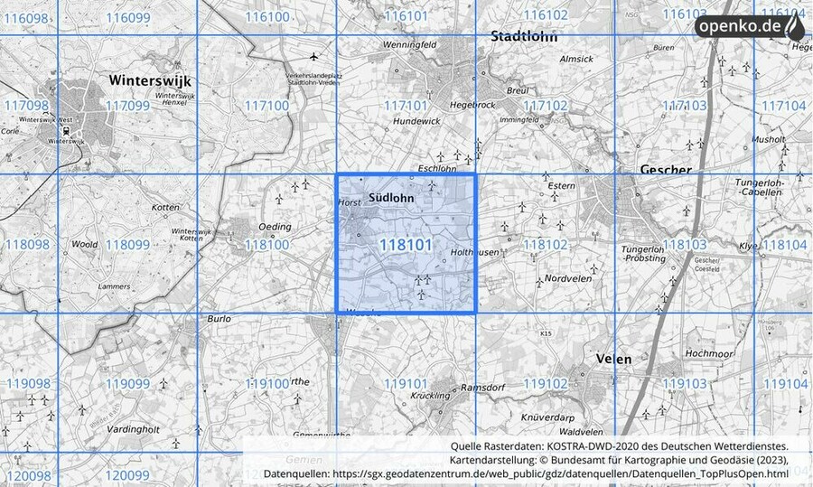 Übersichtskarte des KOSTRA-DWD-2020-Rasterfeldes Nr. 118101