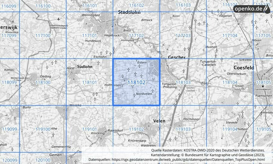 Übersichtskarte des KOSTRA-DWD-2020-Rasterfeldes Nr. 118102