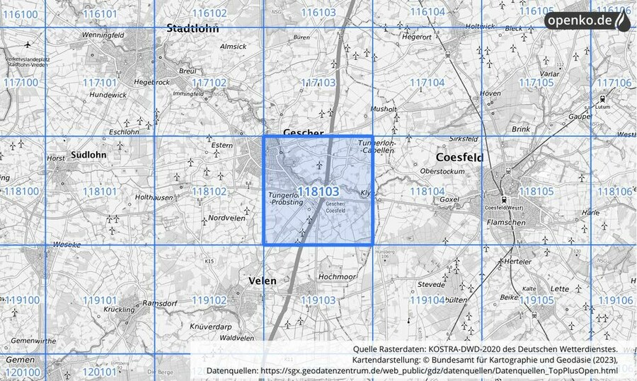 Übersichtskarte des KOSTRA-DWD-2020-Rasterfeldes Nr. 118103