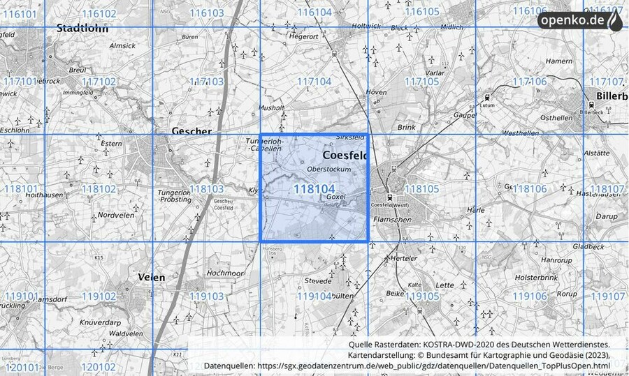 Übersichtskarte des KOSTRA-DWD-2020-Rasterfeldes Nr. 118104