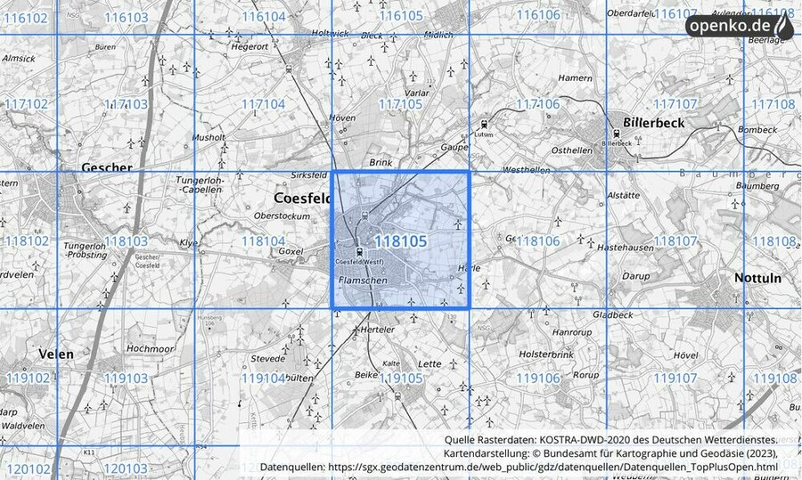 Übersichtskarte des KOSTRA-DWD-2020-Rasterfeldes Nr. 118105