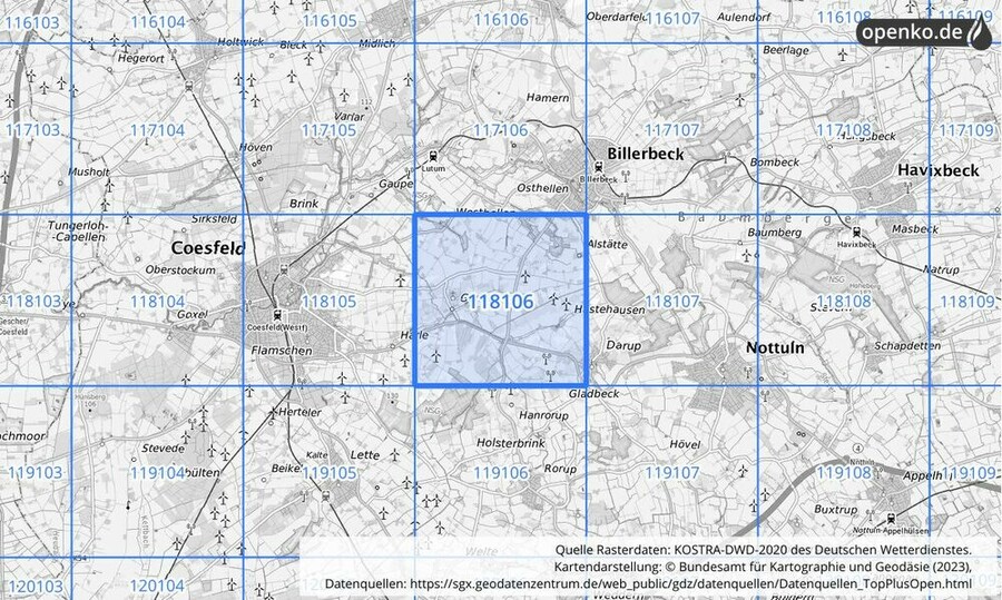 Übersichtskarte des KOSTRA-DWD-2020-Rasterfeldes Nr. 118106